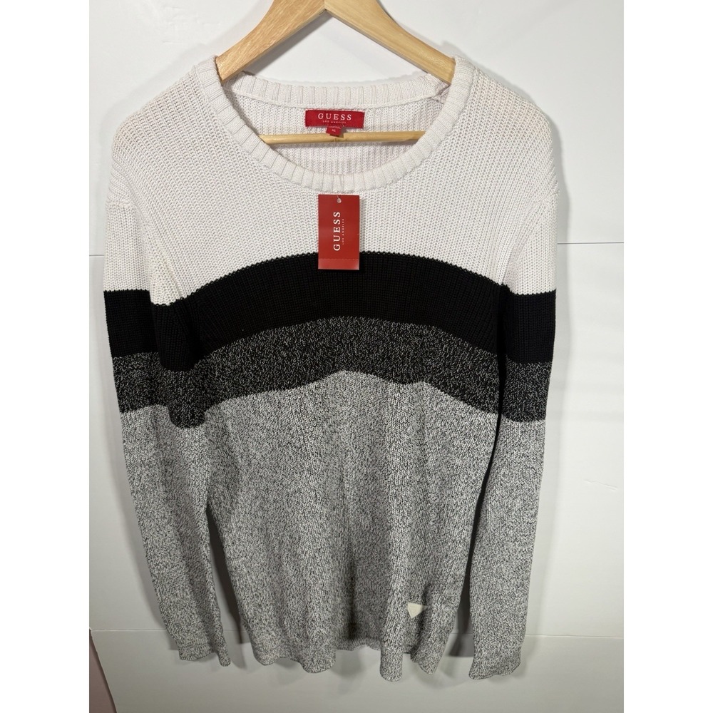 Guess Los Angeles Sweater XL Colorblock Crew Neck Knit White Gray Black NWT